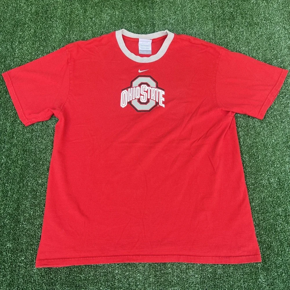 VTG Nike Ohio State T-Shirt Mens Large Red Buckeyes University Center Swoosh Y2K